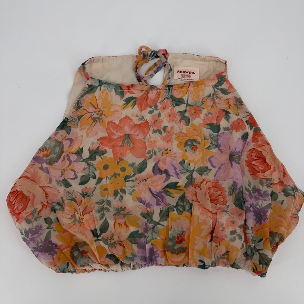 Showpo Floral Halter Neck Crop Top Multi Color Sleeveless Tie Back Blouse Size 6